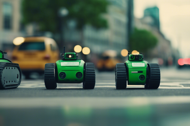 Small green robots on wheels