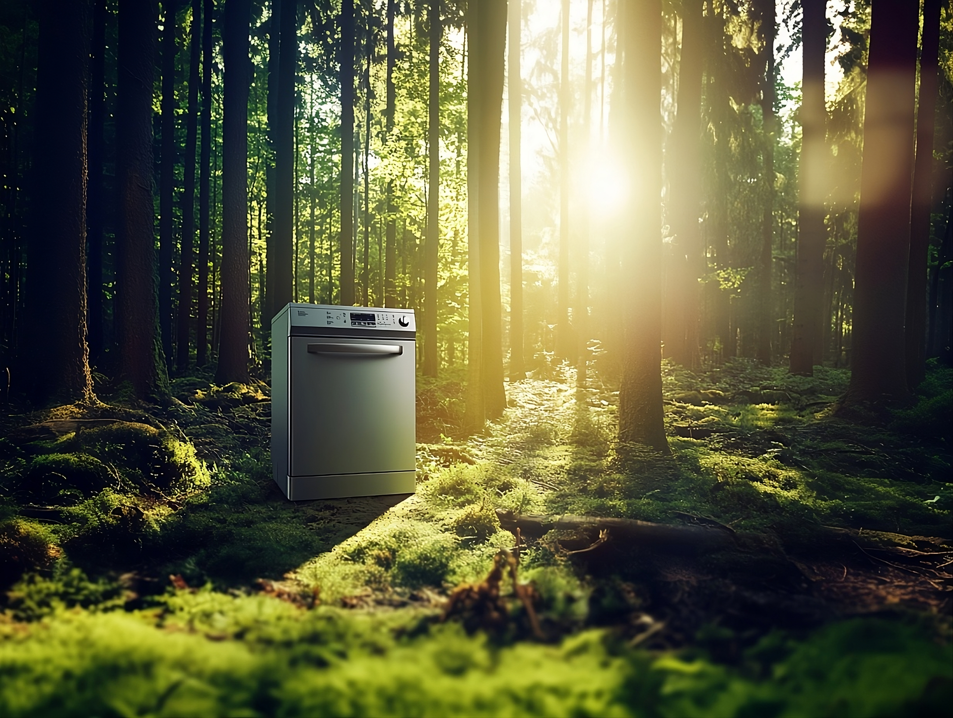 Washing machine in a lush forest
