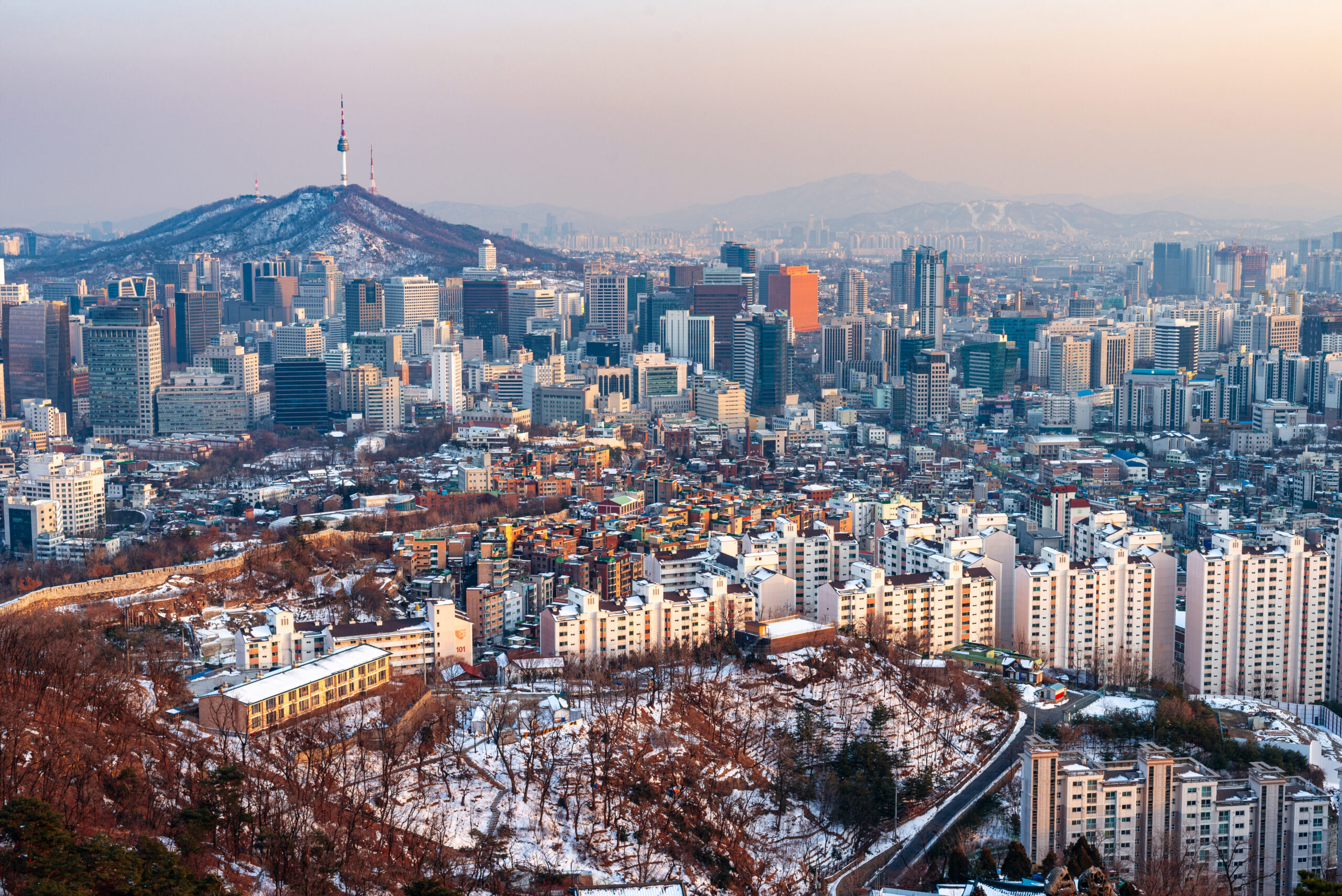 Seoul, South Korea cityscape and skyline on a winter dusk.