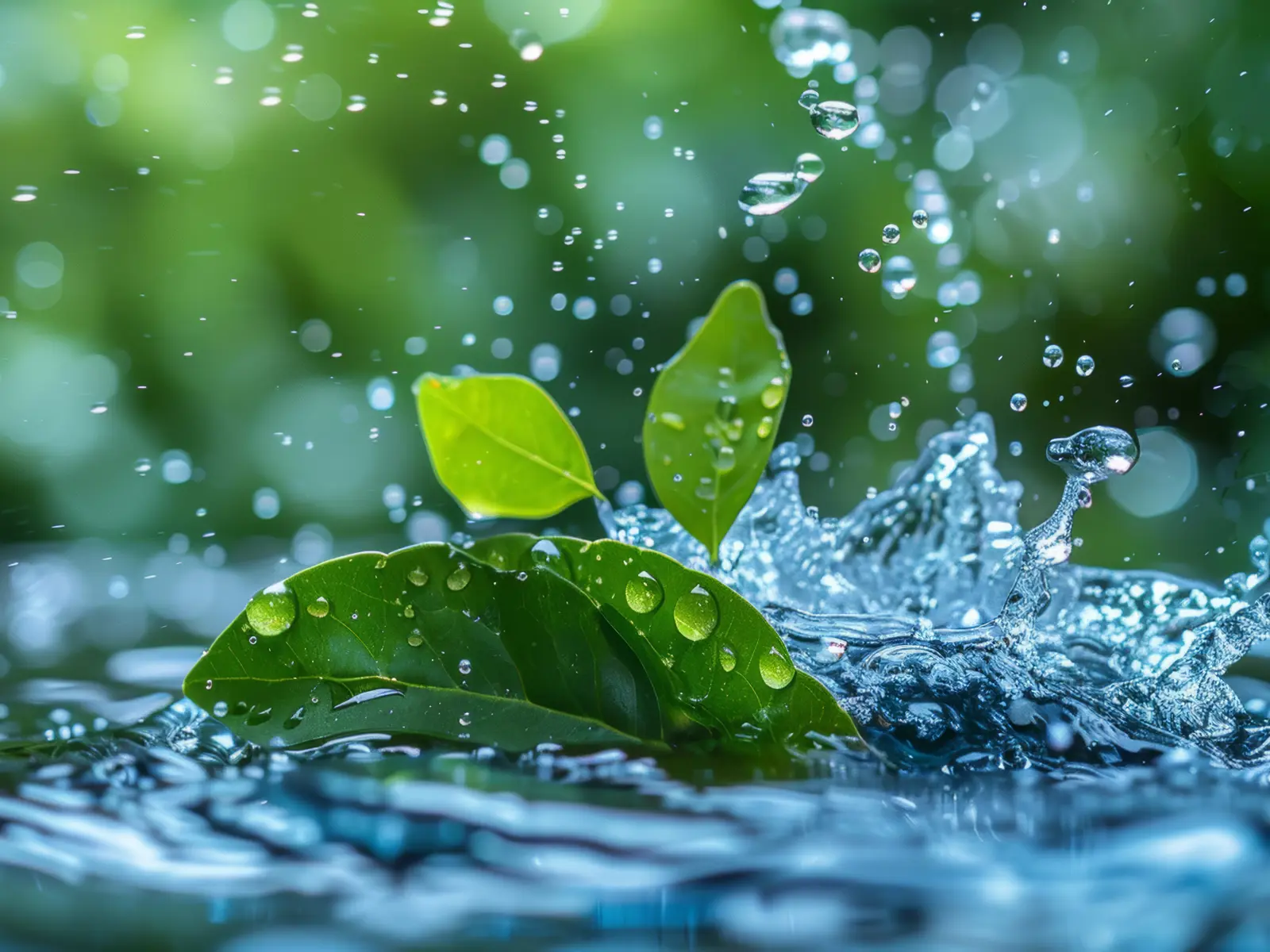 Grønne blade med vanddråber flyder på vand, mens vandsprøjt skaber et friskt og levende naturudtryk.